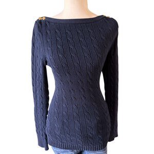 Ralph Lauren Boatneck Navy Blue Cable Knit Sweater with Gold Accents Women M